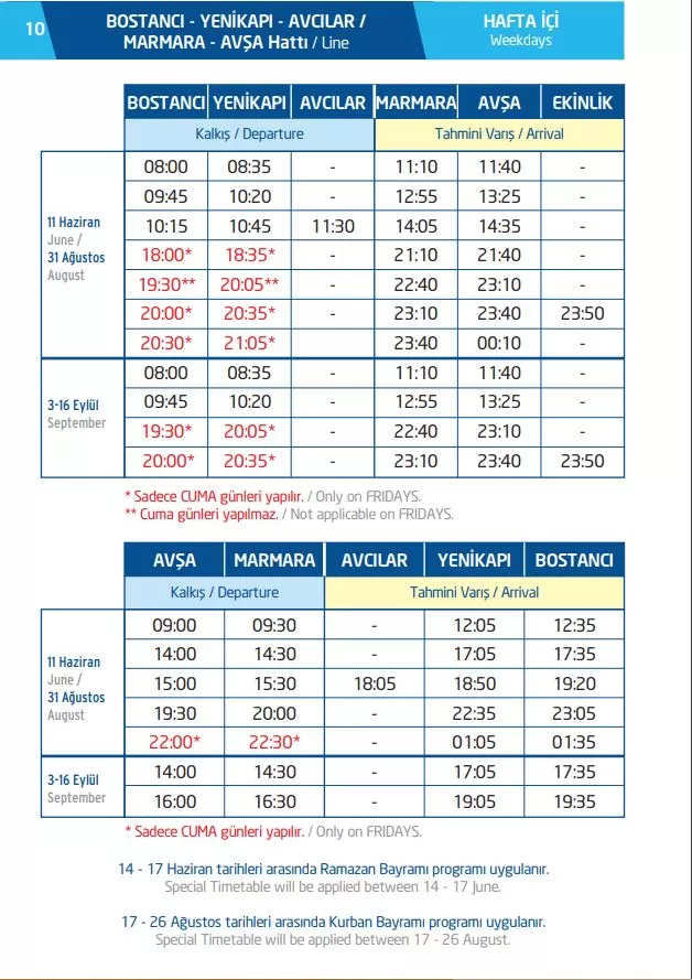 İdo Avşa Seferleri Hafta İçi 2018 Tarifesi